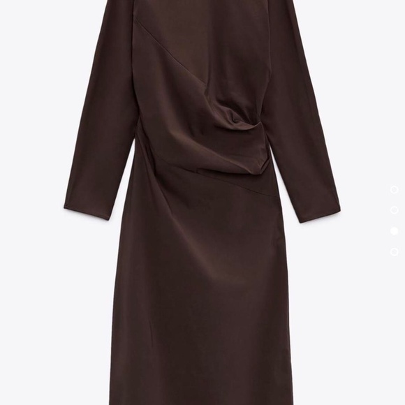 Zara Ruched Brown Midi Stretch Dress Long Sleeve FALL Sz Large - Picture 7 of 10